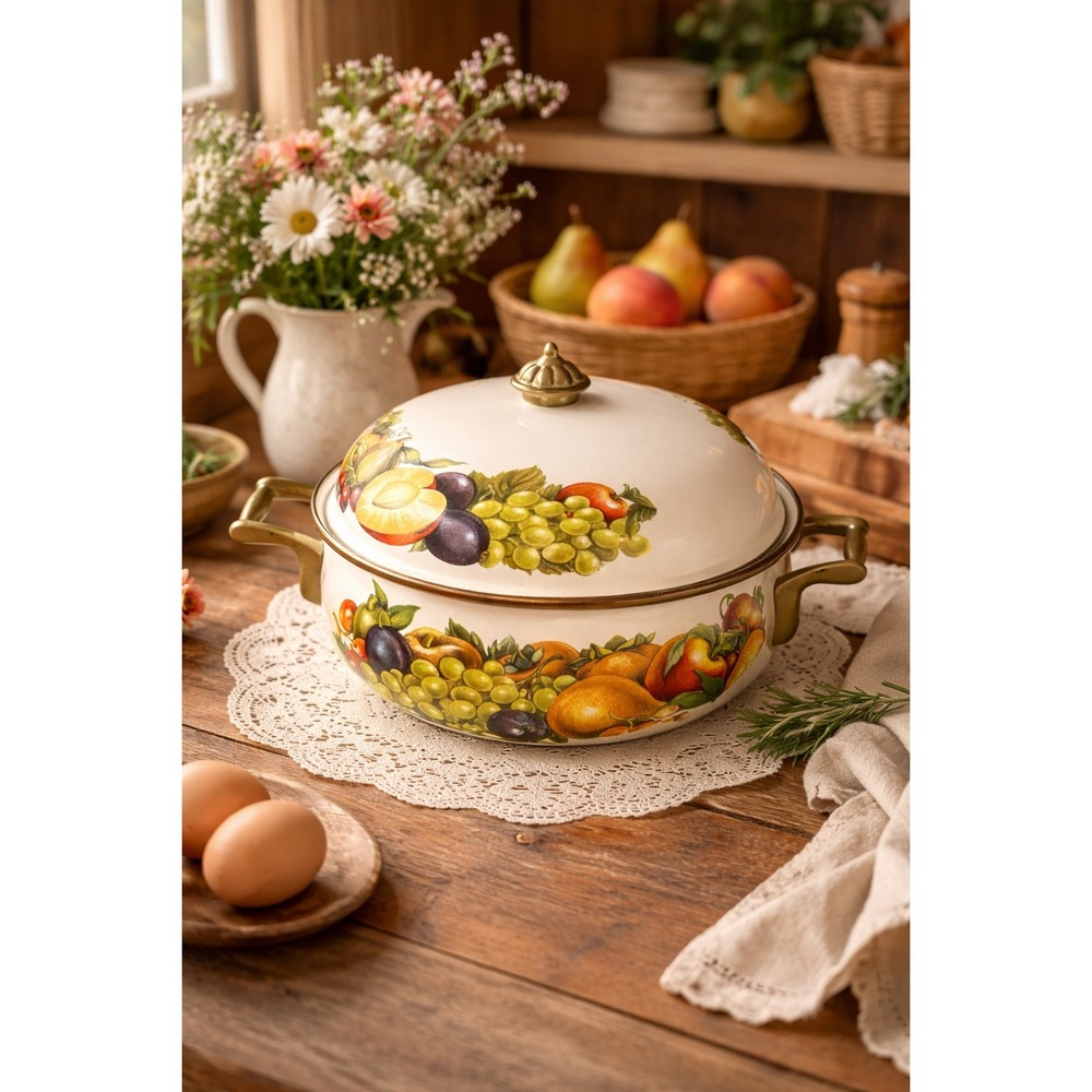 Vintage Enamelware Covered Casserole Dutch Oven Fruit Cornucopia  10.5"